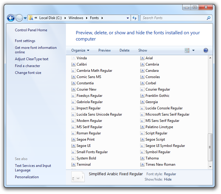 fonts win7